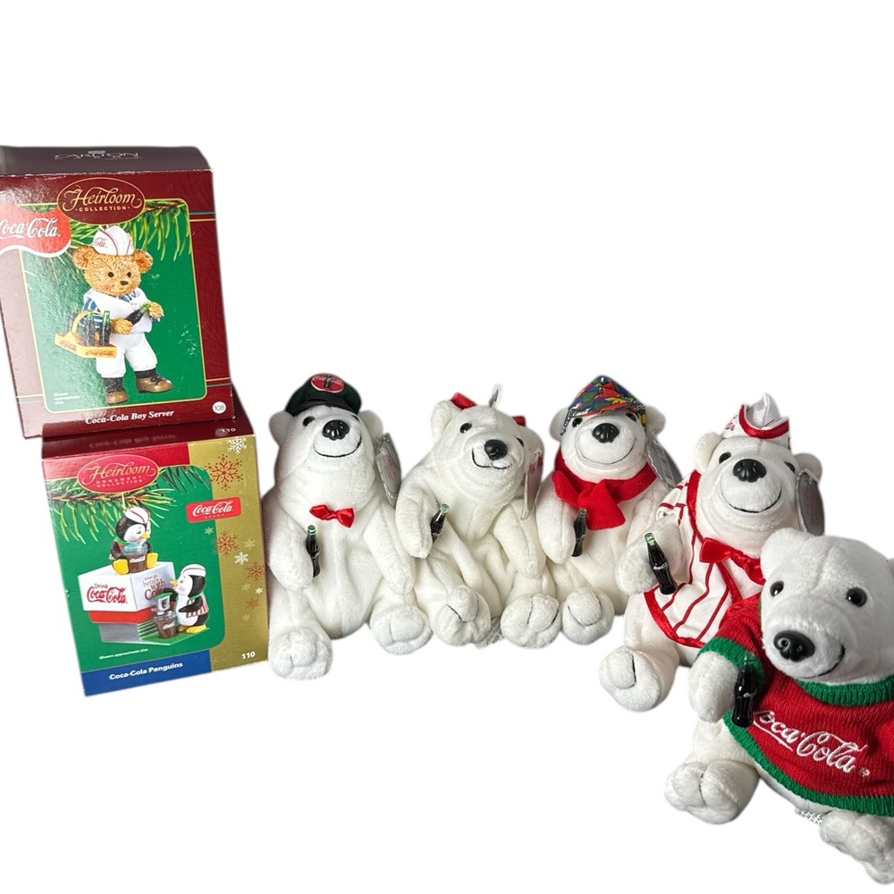 Vintage Coca Cola Polar Bears Collectible Plush + ornaments 1990s Christmas Lot